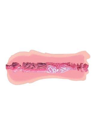 Bangers Dubbel Lösvagina har en rosa och lila abstrakt, strukturerad design som efterliknar ett stiliserat ben mot en ljusrosa bakgrund, som subtilt ekar dolda önskningar.