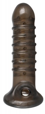 Rebel Dick & Ball Penis Sleeve är en svart räfflad cylinder med en cirkulär bas och ett bottenhål för enkel användning.