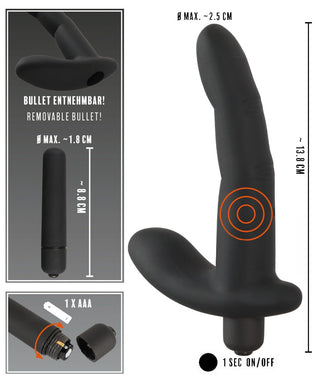 Prostata / G-punkt Vibrator - 13 cm är en svart ergonomisk personlig massageapparat i silikon med en löstagbar kula, med eleganta mått och viktig batteriinformation.
