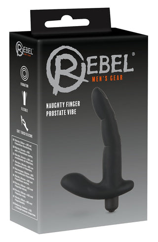 Boxförpackning av den eleganta svarta Prostata / G-punkt Vibrator - 13 cm från Rebel Mens Gear har produktdetaljer. Tillverkad av högkvalitativa silikon sexleksak material, garanterar komfort och intensiv njutning.