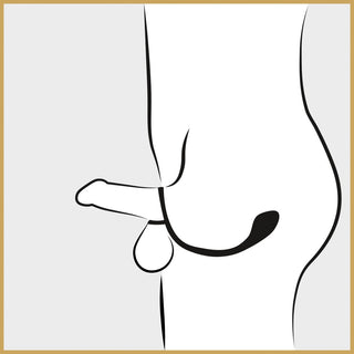 En minimalistisk linjeteckning av en naken man i profil, som subtilt föreslår Penis & Pungring Med Buttplugs form och funktion inom dess djärva konturer på en orörd vit bakgrund.