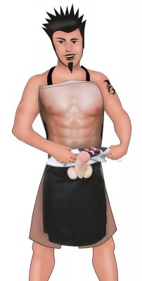 En tecknad man med taggigt hår och en tatuering tar på sig en Förkläde Med Penis när han skickligt hanterar en tallrik sushi.
