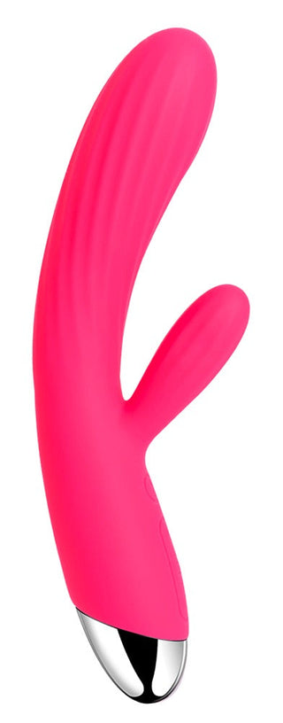 Vi introducerar Svakom Angel, en rosa dubbelmotorig kaninvibrator med en elegant design och silverbas, med ett huvudskaft och en mindre arm för ökad njutning.
