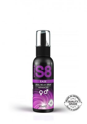 En 30 ml flaska S8 Anal Relax Spray, utformad för anal desensibilisering för att öka komforten, har en Made in Germany kvalitetsstämpel.