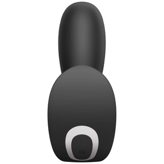 Satisfyer Top Secret + är en svart handhållen elektronisk enhet, oval med en vit cirkulär knapp i botten och visar upp en slät, polerad finish.