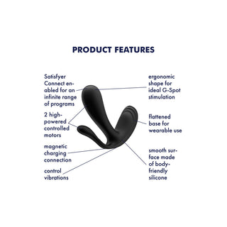 Bilden visar en svart Satisfyer Top Secret + vibrator på en vit bakgrund, som framhäver dess ergonomiska form, släta silikonyta, bärbara tillplattade bas, två kraftfulla motorer, magnetisk laddning och Satisfyer Connect-appkompatibilitet.