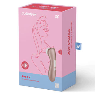 Satisfyer Pro 2+ Vibration, en personlig vårdenhet i en rosa låda med en siluettillustration, har en luftpulsfunktion utformad som en effektiv klitorisstimulator.