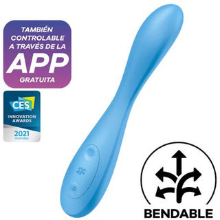 Den blå enheten, som liknar Satisfyer G-spot flex 4+, har knappar, appkontrolltext, ett CES 2021-märke och en pilgrafik som framhäver dess flexibilitet. Tillverkad av kroppssäkert silikon för en tillfredsställande upplevelse.