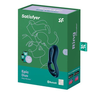 Den gröna förpackningen på Satisfyer Epic Duo Penisring framhäver dess appkontroll och Bluetooth-funktioner, gjorda av kroppssäkert silikon.