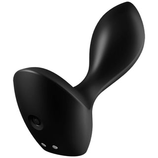 Satisfyer Backdoor Lover är en modern svart, lövformad enhet gjord av slät silikon vibromaterial, med en böjd skaft och en liten sensor på ena sidan för förbättrad funktionalitet.