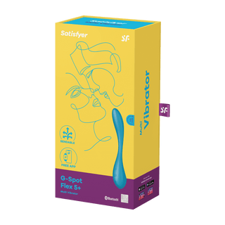 Gul låda med en Satisfyer Pro G-Spot Flex 5+ blå vibrator, designad för optimala G-punktsstimulans. Den har linjekonst av ansikten och detaljerad produktinformation. Denna vattentät sexleksak utlovar lugn och spänning.