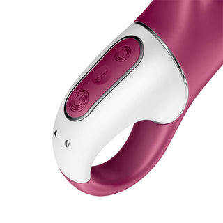 Satisfyer Heated Affair vibrator, rosa silikon, böjt ergonomiskt handtag, synliga kontrollknappar.