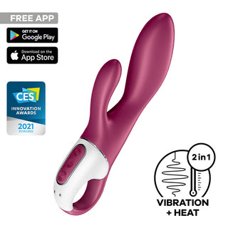 Kaninvibrator i lila silikon med integrerade kontrollknappar, böjd design och appkompatibilitet.