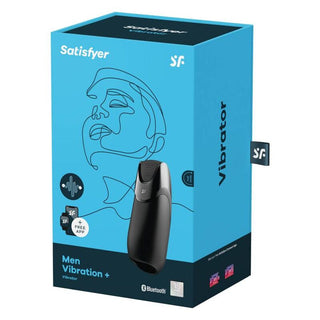 Den blå förpackningslådan för Satisfyer Men Vibration+ visar upp en elegant produktbild och en abstrakt ansiktsdesign, som perfekt framhäver denna avancerade herrvibrator för förbättrad penisstimulering.