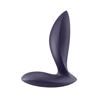 Snygg och mörklila med en böjd, lövliknande design på en vit bakgrund, Satisfyer Power Buttplug Lila/APP erbjuder lockande vibrationsmönster.