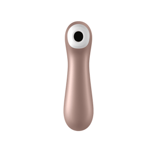 Satisfyer Pro 2+ Vibration är en droppformad bronsenhet med en cirkulär öppning upptill, designad för att öka njutningen genom mild lufttrycksvågor mot en vanlig bakgrund.