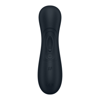 Satisfyer Pro 2 Next Generation 3 Connect är en mörkgrå, ergonomiskt böjd elektronisk enhet med ytknappar och symboler, designad för handhållen användning.