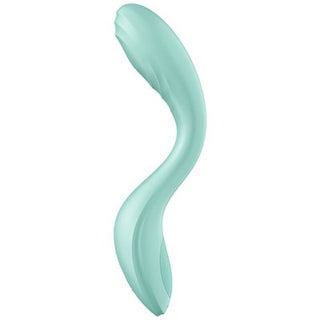 En ljus kricka, abstrakt, vågig, långsträckt form som påminner om en Satisfyer Rrrolling Pleasure Vibrator pryder den vita bakgrunden.