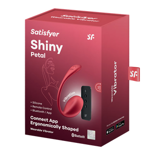 Red Satisfyer Shiny Petal APP, en röd silikon G-punktsvibrator med fjärrkontroll, visas på förpackningen.