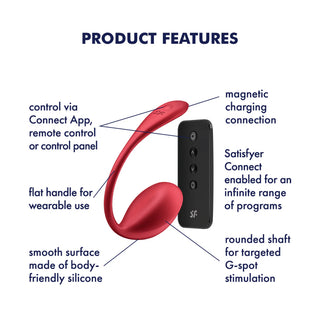 Röd, bärbar G-punktsvibrator i slät silikon med böjd design, magnetladdning och knappar för appstyrning och fjärrkontroll.