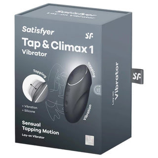 Gray Satisfyer Tap & Climax 1 klitorisstimulator med knack- och vibrationsfunktioner, i en elegant, konturerad design.