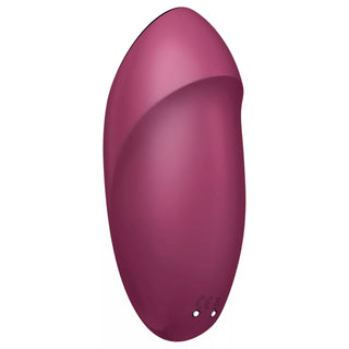 Rödbrun, oval 2-i-1-vibrator i slätt material, med dubbla laddningsuttag och certifieringsmärkning.