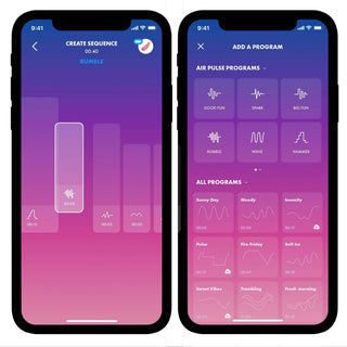 Två Satisfyer Top Secret + smartphone-skärmar visar en träningsapp: den vänstra med en Skapa sekvens-timer och staplar, de högra listprogrammen som Good Fun och Hammer med vågikoner. Bakgrunden bleknar från lila till rosa.