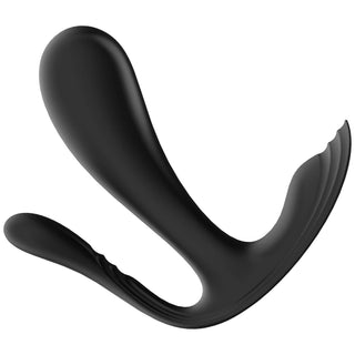 Satisfyer Top Secret + är en svart, ergonomisk prostata massageapparat med en böjd design med dubbla armar; en arm är längre än den andra, och båda har släta ytor.