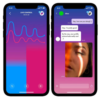 Två smartphoneskärmar visar en lila-gradient-app för Satisfyer Top Secret +. Vänster: ljudvågskontrollgränssnitt. Till höger: chatta med Alex, med meddelanden och en profilbild av ett delvis skuggat ansikte.