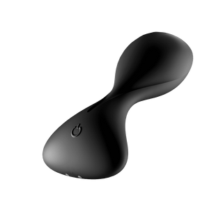 En svart, smal, dubbeländad Satisfyer Trendsetter Appstyrd Buttplugg gjord av mjukt silikon med en strömknappsikon nära basen.