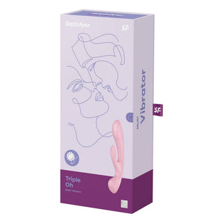 Box of a Satisfyer Triple Oh Rabbitstav, tillverkad av kroppsvänligt silikon, med abstrakt streckkonst på förpackningen.