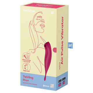 Satisfyer Twirling Pro+ har en gul och rosa låda med en snygg illustration och detaljerad produktinformation. Upptäck nytt nöje med appstyrd kontroll och lufttrycks vågor för en uppfriskande sensuell resa.