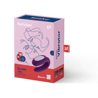 En rosa ruta som visar Satisfyer Double Joy-partnervibratorn inkluderar linjekonst av ansikten och produktbilden, som framhäver dess appstyrd sexleksak för dubbel stimulering.