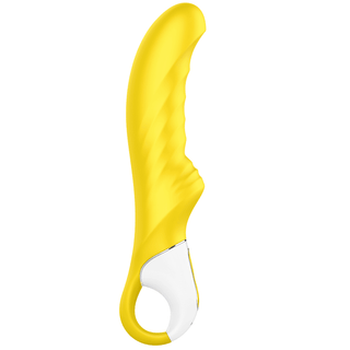 Satisfyer Yummy Sunshine är ett gult, strukturerat föremål med ett öglehandtag och vit accent, som liknar en personlig massageapparat designad för g-punkt-stimulans.