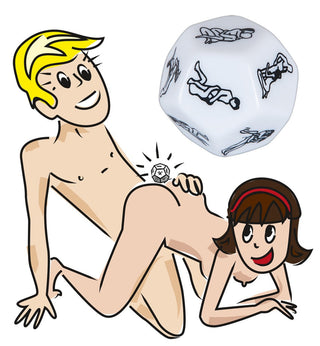Ett tecknat par är engagerade i en intimt äventyr med en Tärning Vad händer härnäst? ovanför dem, illustrerar lekfull sexuella positioner.