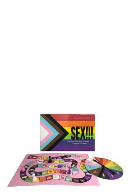 Sexet!!! Sexspel brädspel med en färgglad spinner och Progress Pride-flagga visas på en rosa yta. Detta förspel och sexspel är anpassningsbart för fler deltagare och bjuder in alla att utforska äventyrliga sexpositioner tillsammans.