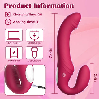 Svart strap-on i silikon med dubbla ändar, två justerbara remmar och fjärrkontroll, slät yta, laddas via USB.