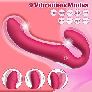 Rosa strap-on-vibrator i silikon med dubbla remmar och två ändar, ergonomisk design, levereras med en liten fjärrkontroll för styrning.