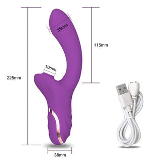 Lila silikon 2-i-1 kaninvibrator med märkta mått och en vit USB-laddningskabel, utformad för dubbel stimulering.