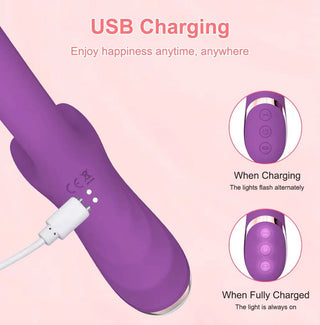 Kaninvibrator i rosa silikon 2-i-1 med böjt skaft och klitorisstimulator, visas ansluten till en USB-laddningskabel.