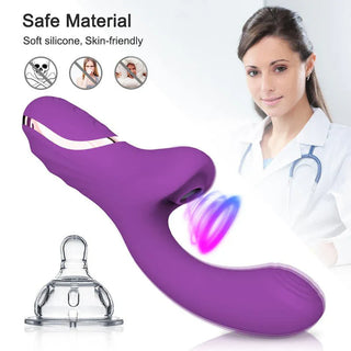 Lila 2-i-1 kaninvibrator i silikon med sugfunktion och nappflaskformad design. Säkert, kroppssäkert material.