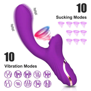 Lila silikon 2-i-1 kaninvibrator med 10 vibrationslägen och 10 sugnivåer, visas med ikoner och text.