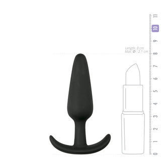 Easytoys Anchor Buttplug, tillverkad av hudvänlig silikon, har en ankarformad design med en T-formad bas och läppstiftssilhuett. En linjal visar dess mått: 8 cm i längd och en maximal diameter på 2,1 cm.