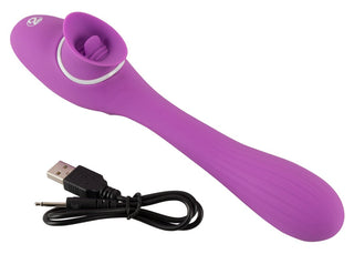 En lila 2 Funktion Vibrator Med Tunga - 22 cm, med sugkopp och USB-laddningskabel, designad för effektiva klitorisstimulans.