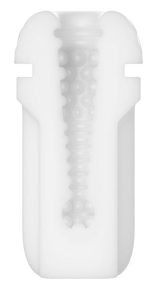 Svakom Sam Neo Masturbator är en texturerad, vit plastcylinder med en central räfflade och prickad kolumn, kompatibel med FeelConnect 3-appen för förbättrad vibrationskontroll.