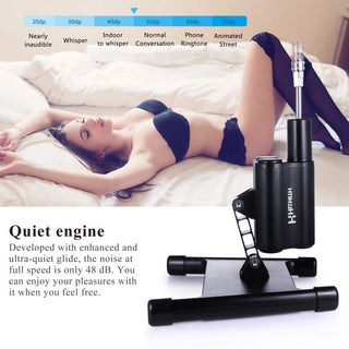 En kvinna i underkläder ligger på sängen och visar upp den eleganta Hismith Premium Sexmaskin 3 - APP med sin eleganta justerbar vinkel i förgrunden.
