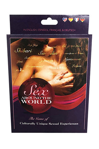 Box med titeln "Sex Around The World Sexspel" med sexuella upplevelser med kulturellt tema och ett Kama Sutra-inspirerat spel på flera språk.