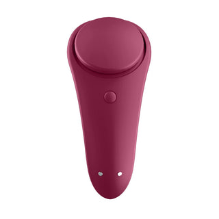 Denna rödbruna handhållna Satisfyer Sexy Secret Trosvibrator har en rund topp med en knapp och två små hål i botten, designad för diskret njutning.