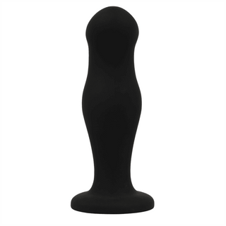 Black&Silver Silikon Buttplug stående upprätt mot en vit bakgrund, kännetecknas av sin ergonomiska form och bekväm användning med en svart avsmalnande bulbös topp och platt cirkulär bas.