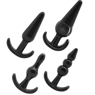Upptäck det perfekta sexleksakersetet med Analträning Ankar Buttplug 4-pack med fyra svarta silikonpluggar, var och en i unika former och storlekar, kompletta med bekväma böjda handtag för optimal analträning.